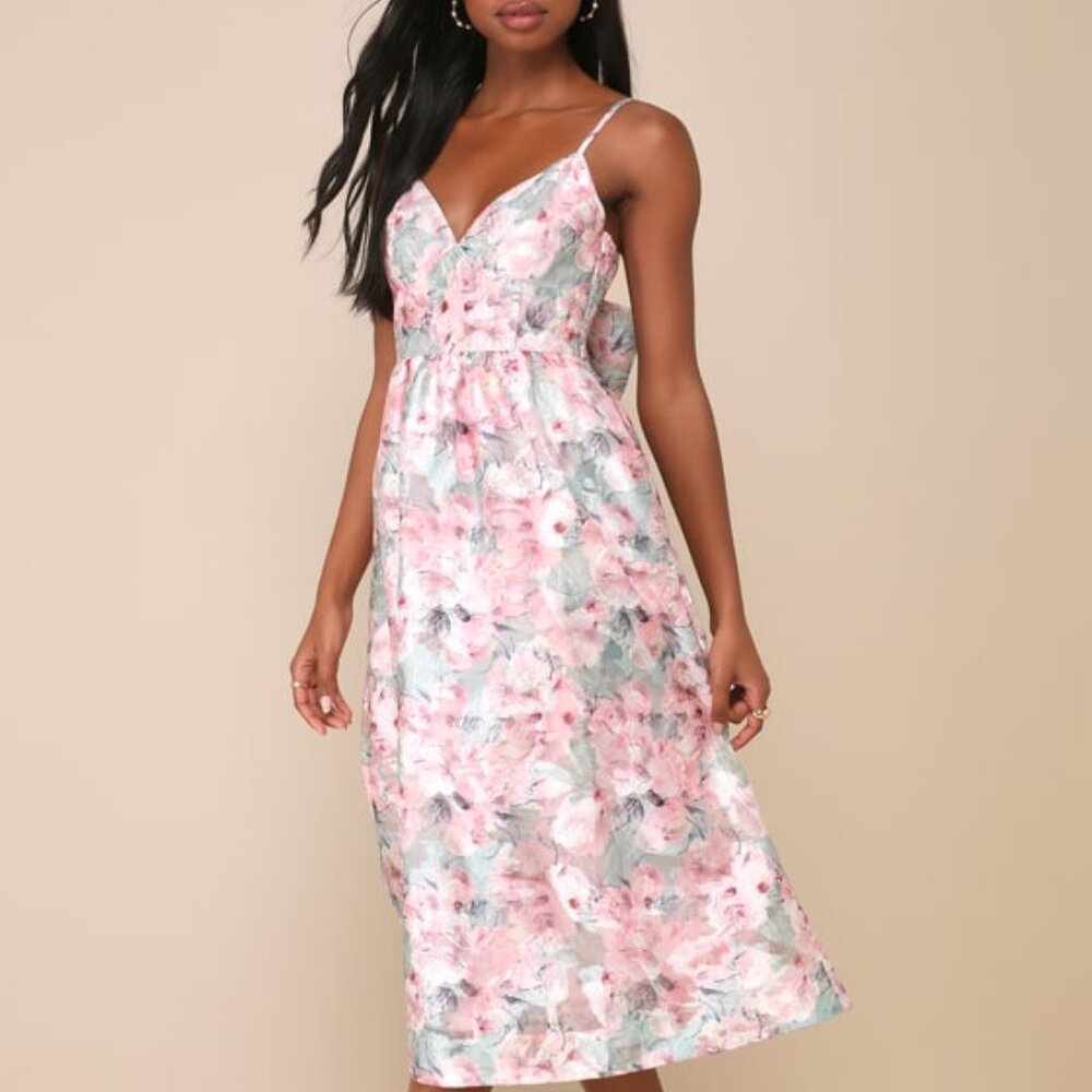 Lulus Captivating Darling Green And Pink Floral Bow Midi Dress - Size XS
